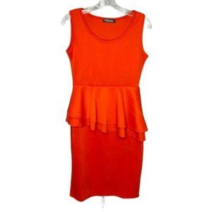 Fashion Mia Women's Dress Ruffle Sheath Fitted Career Red Orange Sleeveless Sz L